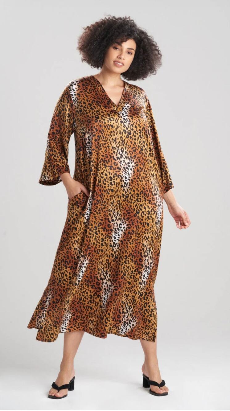 Natori Misty Leopard Satin V-neck Caftan Animal Print Muumuu Women's XL Lounge